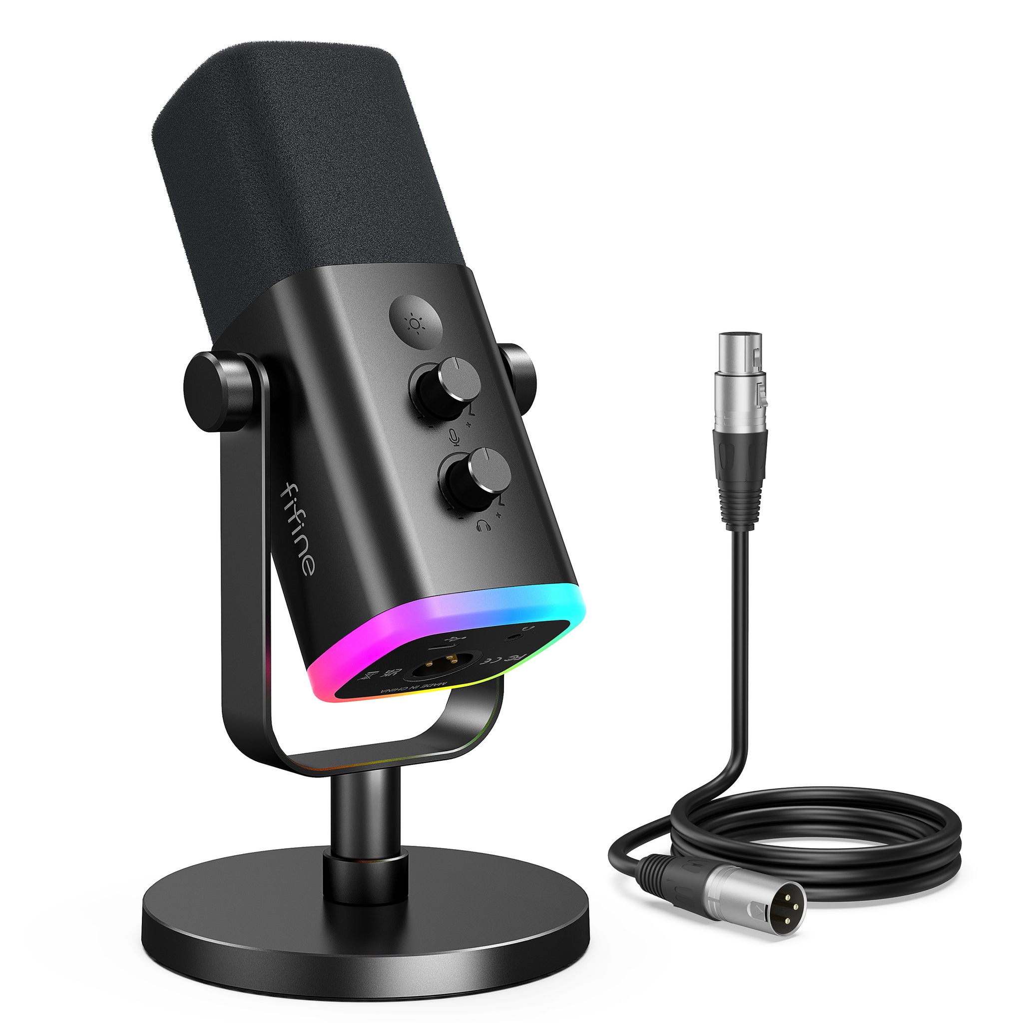FIFINE AmpliGame AM8 USB/XLR Dynamic Microphone with RGB, Touch-mute, I/O Controls, Live Monitoring for Streaming