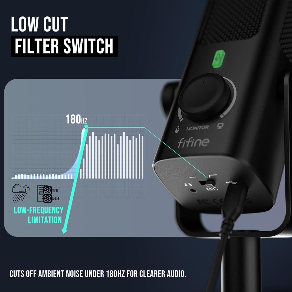 FIFINE Profile3 USB Condenser Mic with I/O & Mute Control, 24-bit/192kHz, Mic Monitor & Computer Playback Mix, Low-cut