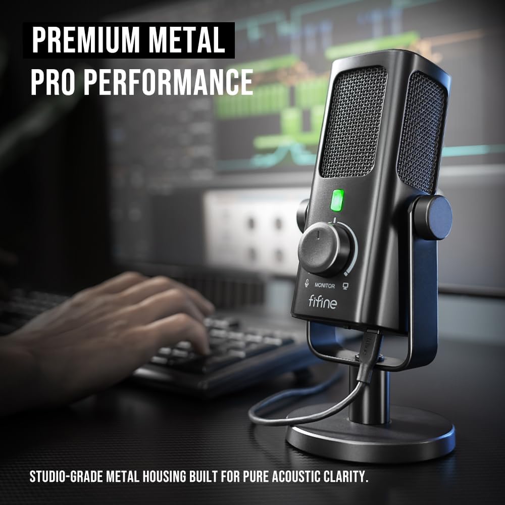 FIFINE Profile3 USB Condenser Mic with I/O & Mute Control, 24-bit/192kHz, Mic Monitor & Computer Playback Mix, Low-cut