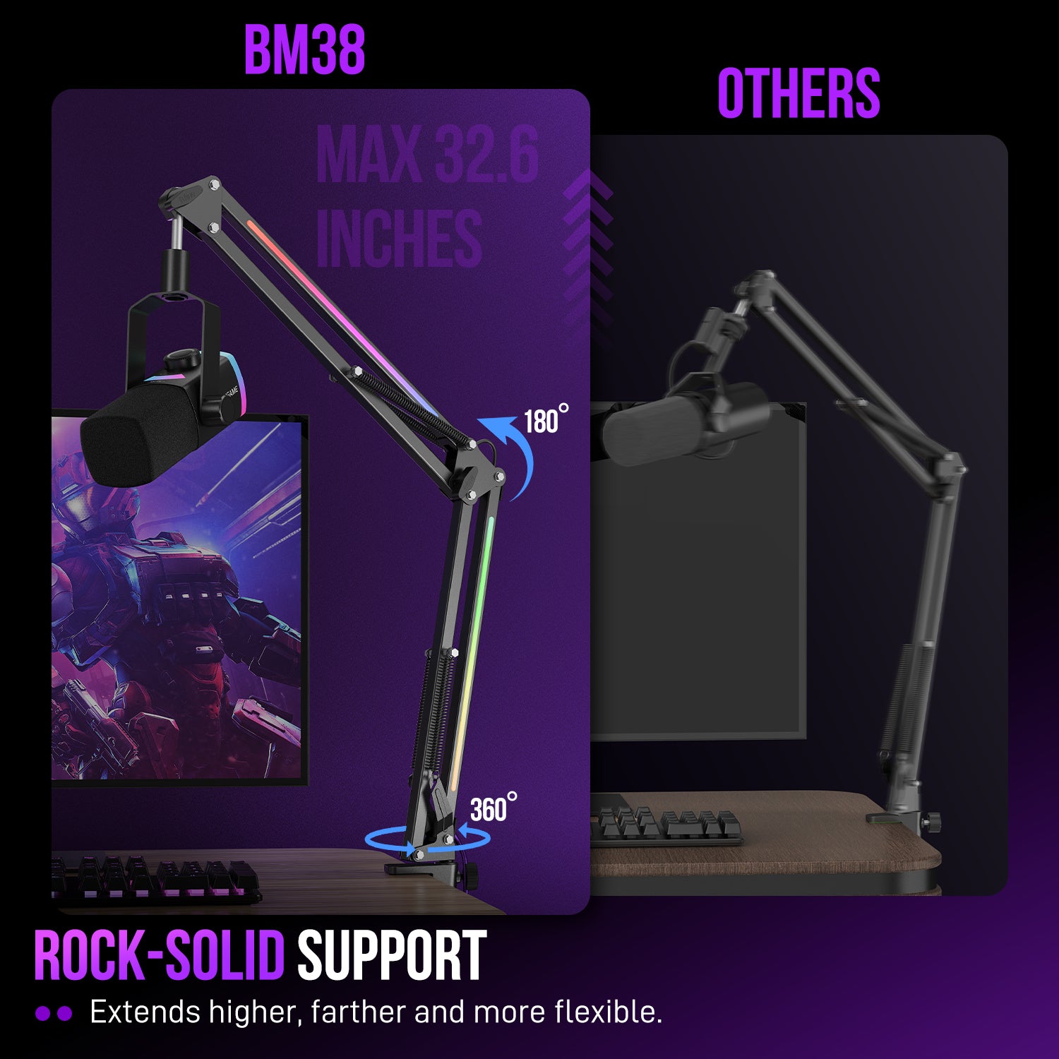 FIFINE Ampligame BM38 Professional RGB Metal Microphone Boom  Arm for Streaming & Gaming, Controllable RGB Modes, 3/8” to 5/8” Screw Adapter