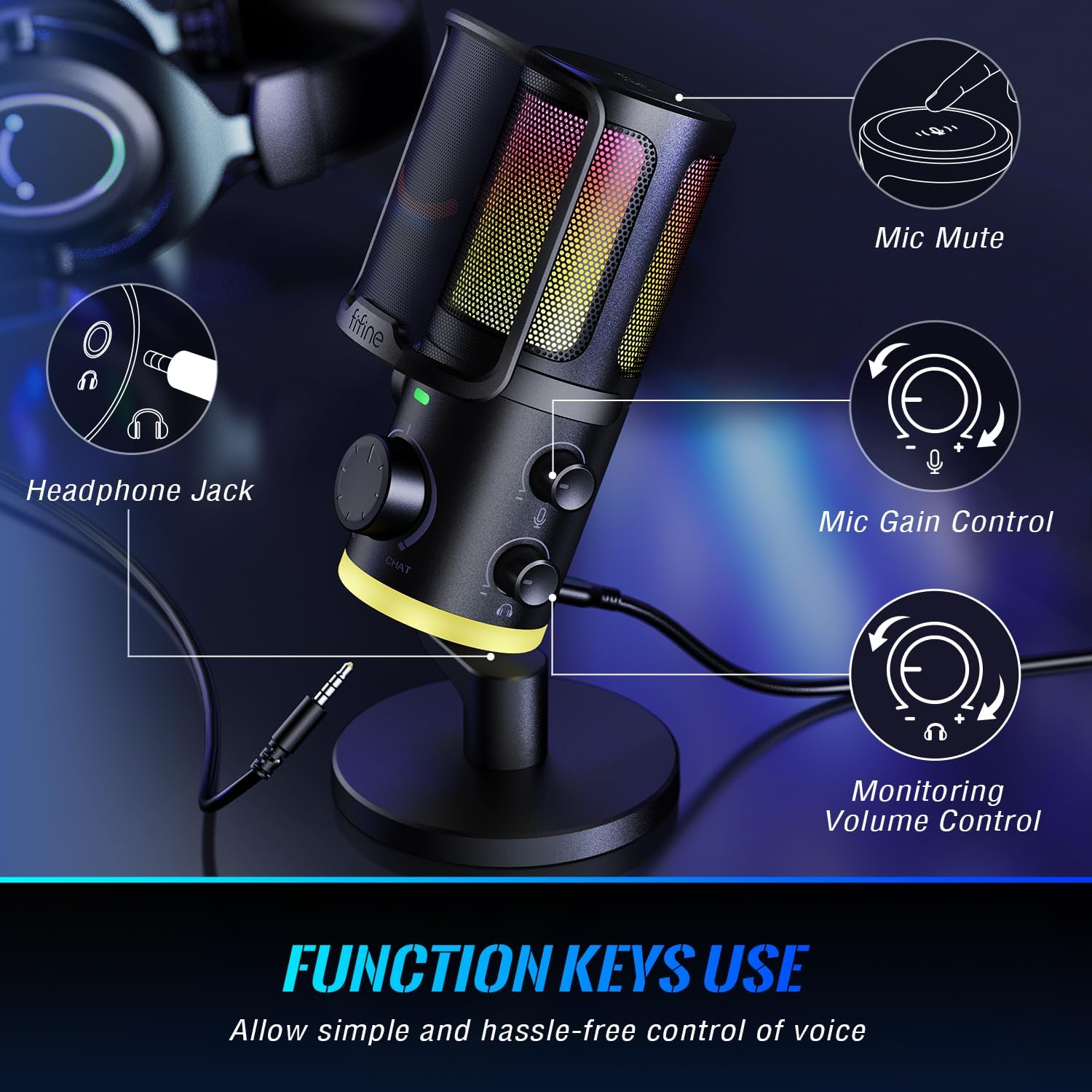 FIFINE AmpliGame AM6 Condenser Mic with Game/Chat Mix, Noise Suppression, Monitoring, I/O Level & RGB Controls