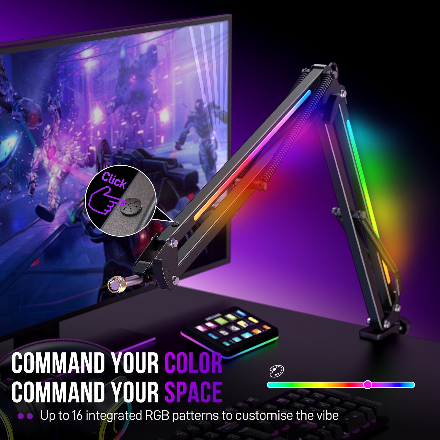 FIFINE Ampligame BM38 Professional RGB Metal Microphone Boom  Arm for Streaming & Gaming, Controllable RGB Modes, 3/8” to 5/8” Screw Adapter
