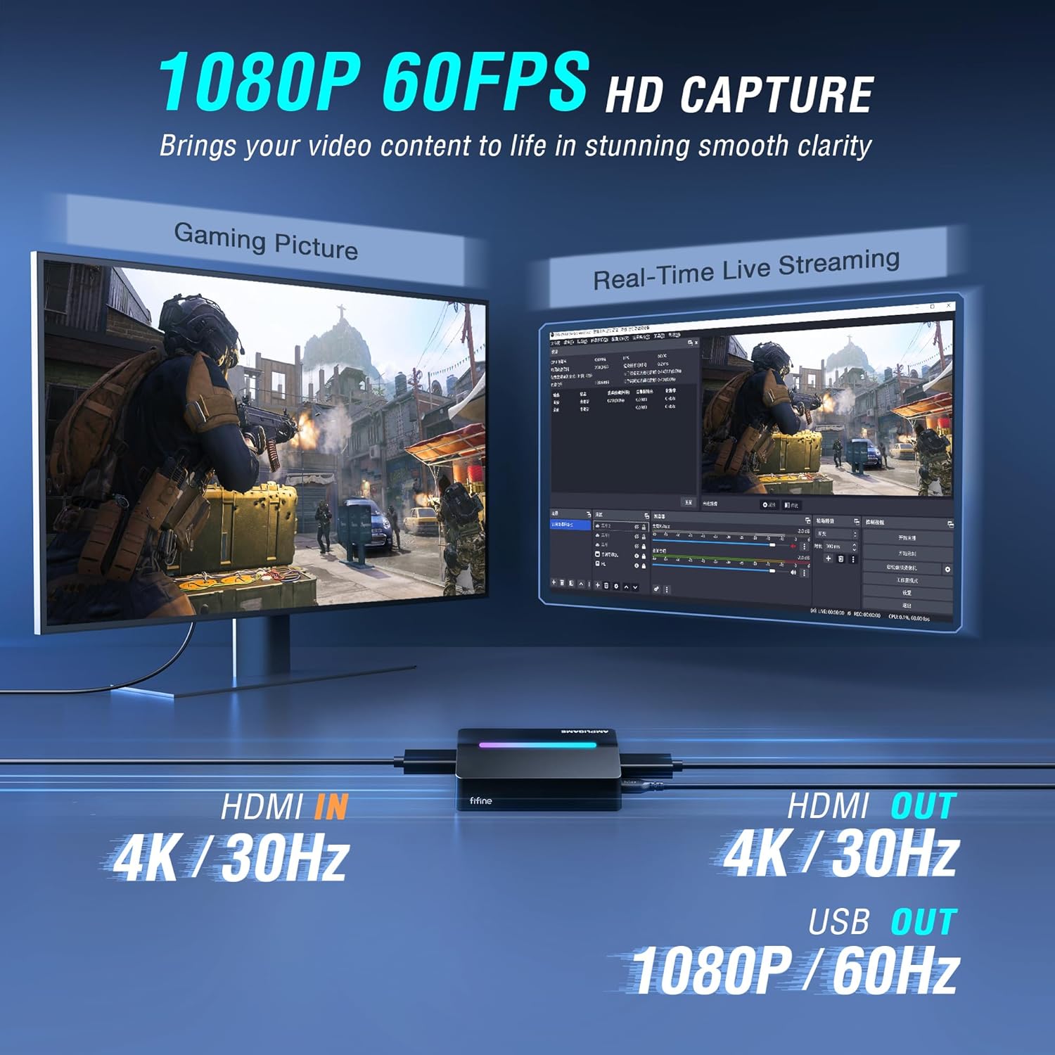 FIFINE AmpliGame V3 Capture Card Records 1080P/60 PS5/Xbox/Switch/Mobile/Camera on PC/Laptop with 4K/30 Pass-through