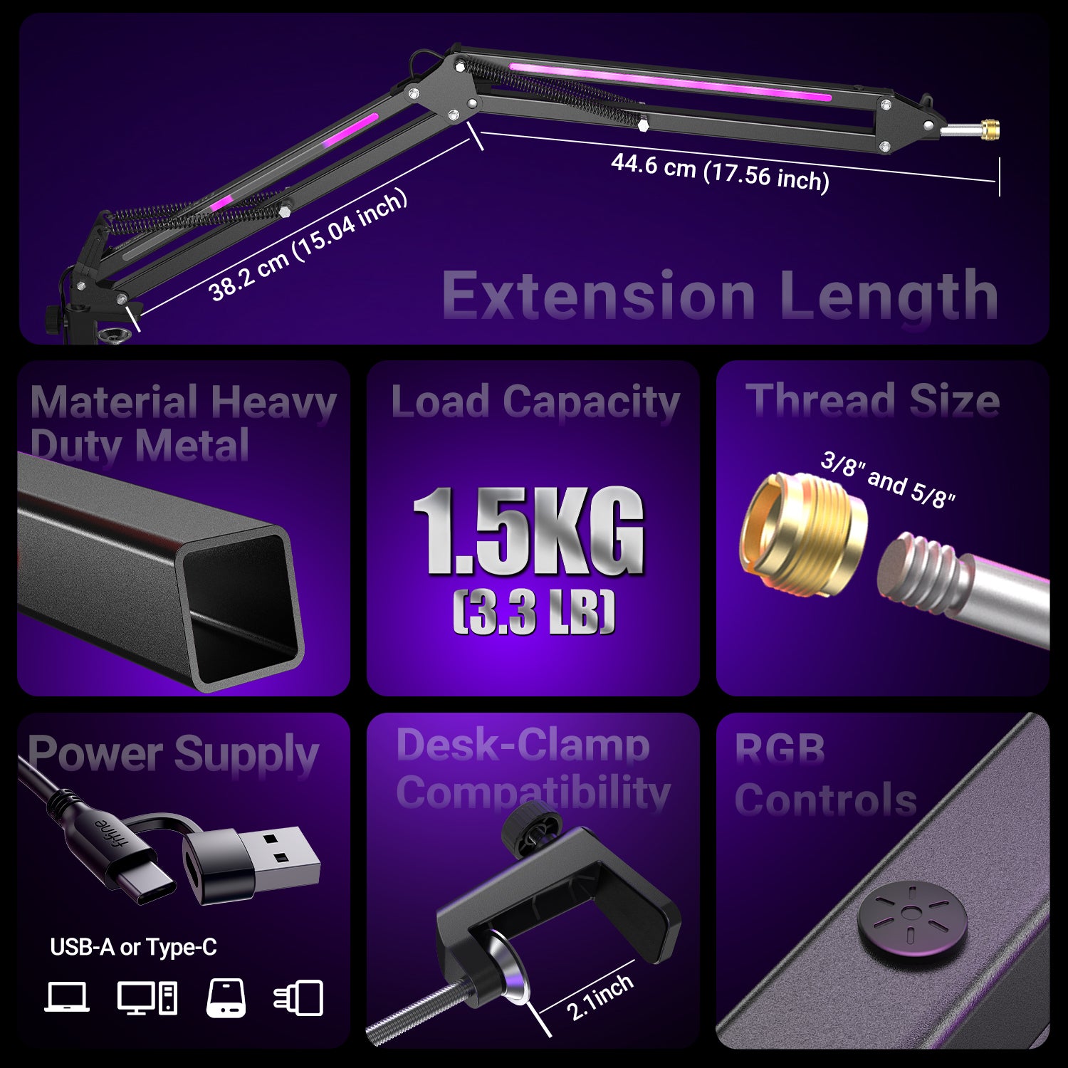 FIFINE Ampligame BM38 Professional RGB Metal Microphone Boom  Arm for Streaming & Gaming, Controllable RGB Modes, 3/8” to 5/8” Screw Adapter