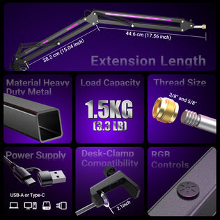 FIFINE AmpliGame BM38 RGB Microphone Boom Arm