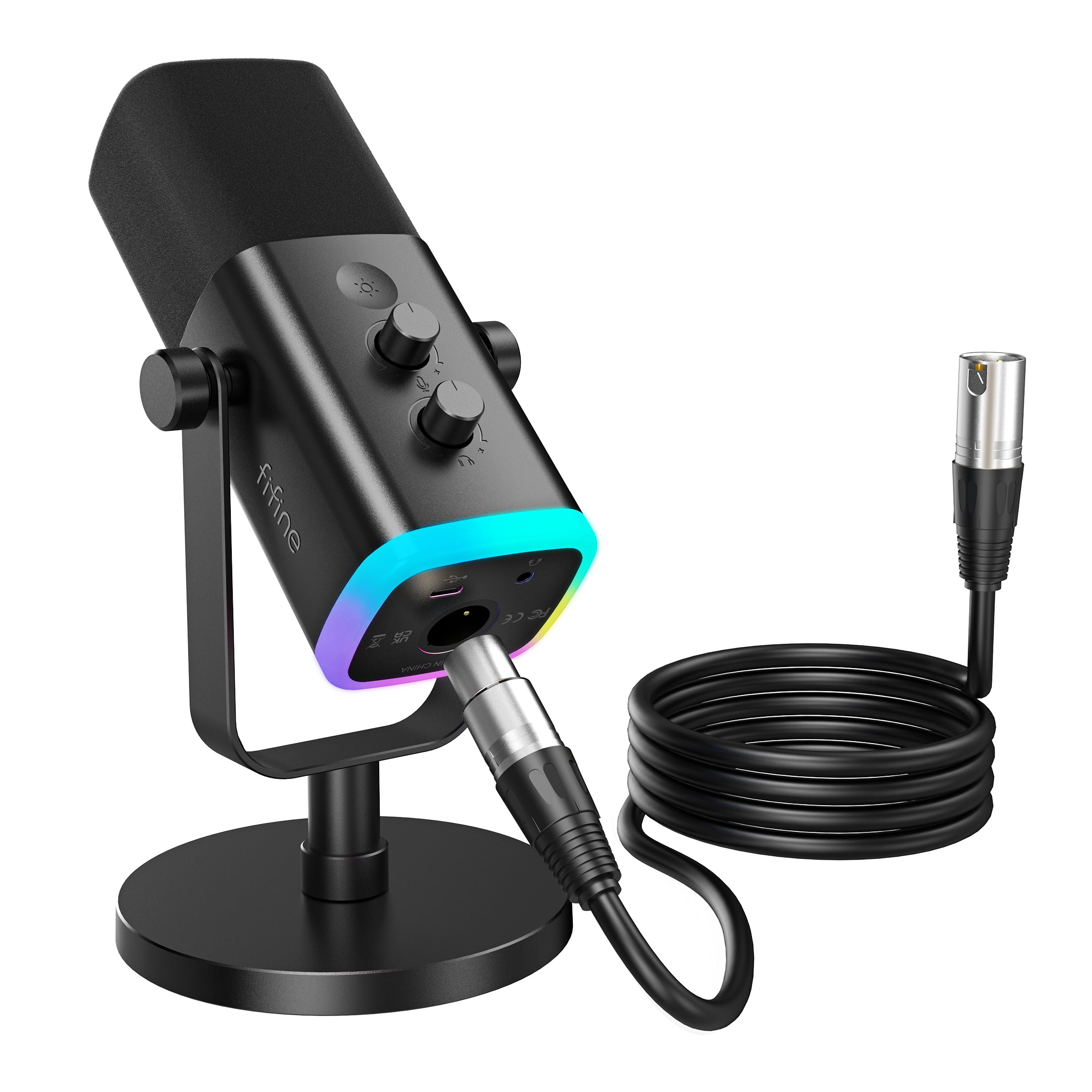 FIFINE AmpliGame AM8 RGB USB/XLR Dynamic Mic with Touch-mute, I/O Controls, Live Monitoring for Streaming