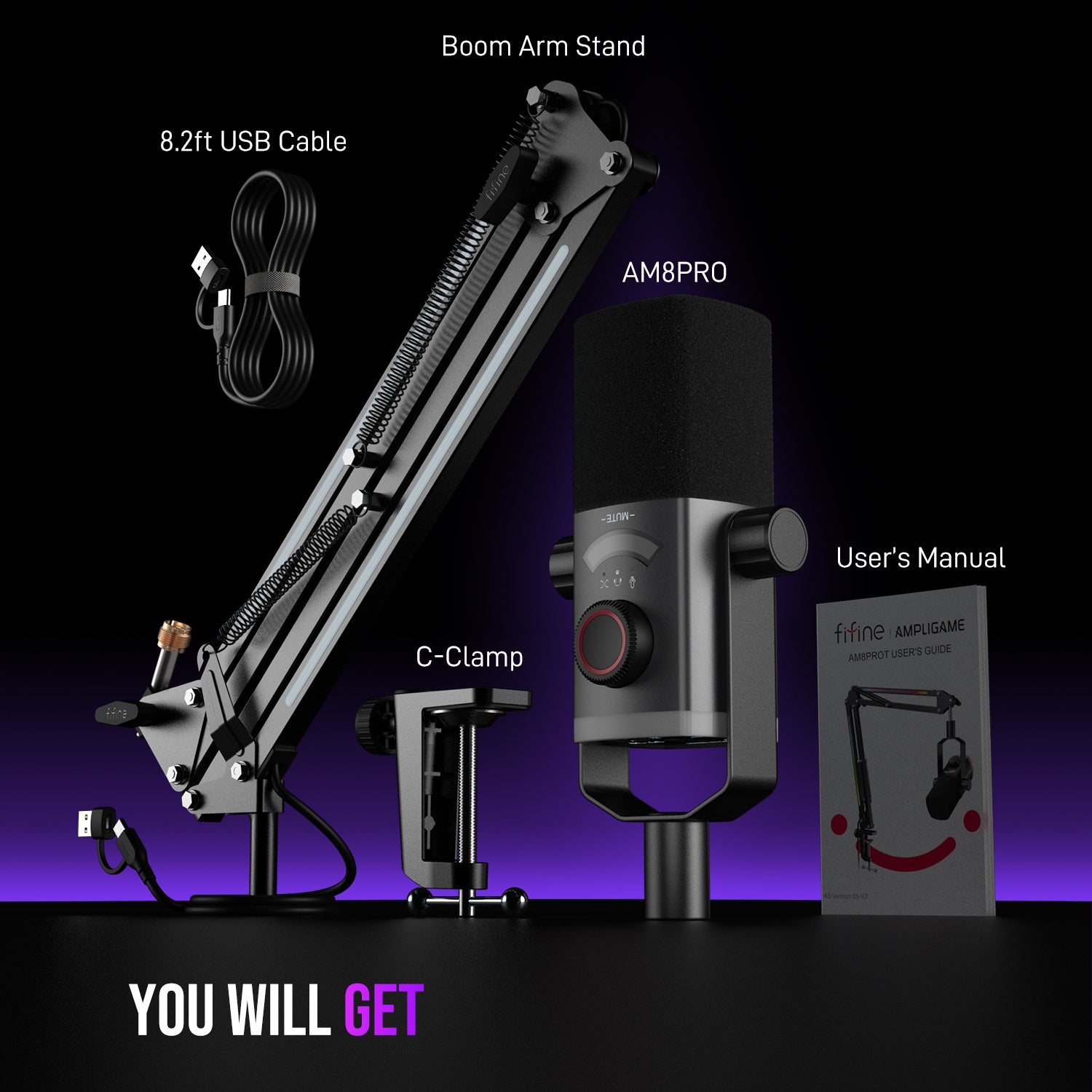 FIFINE AmpliGame AM8PROT RGB Microphone Kit with Boom Arm for Gaming & Streaming, Tap-to-Mute, Mix Control for Podcast Recording