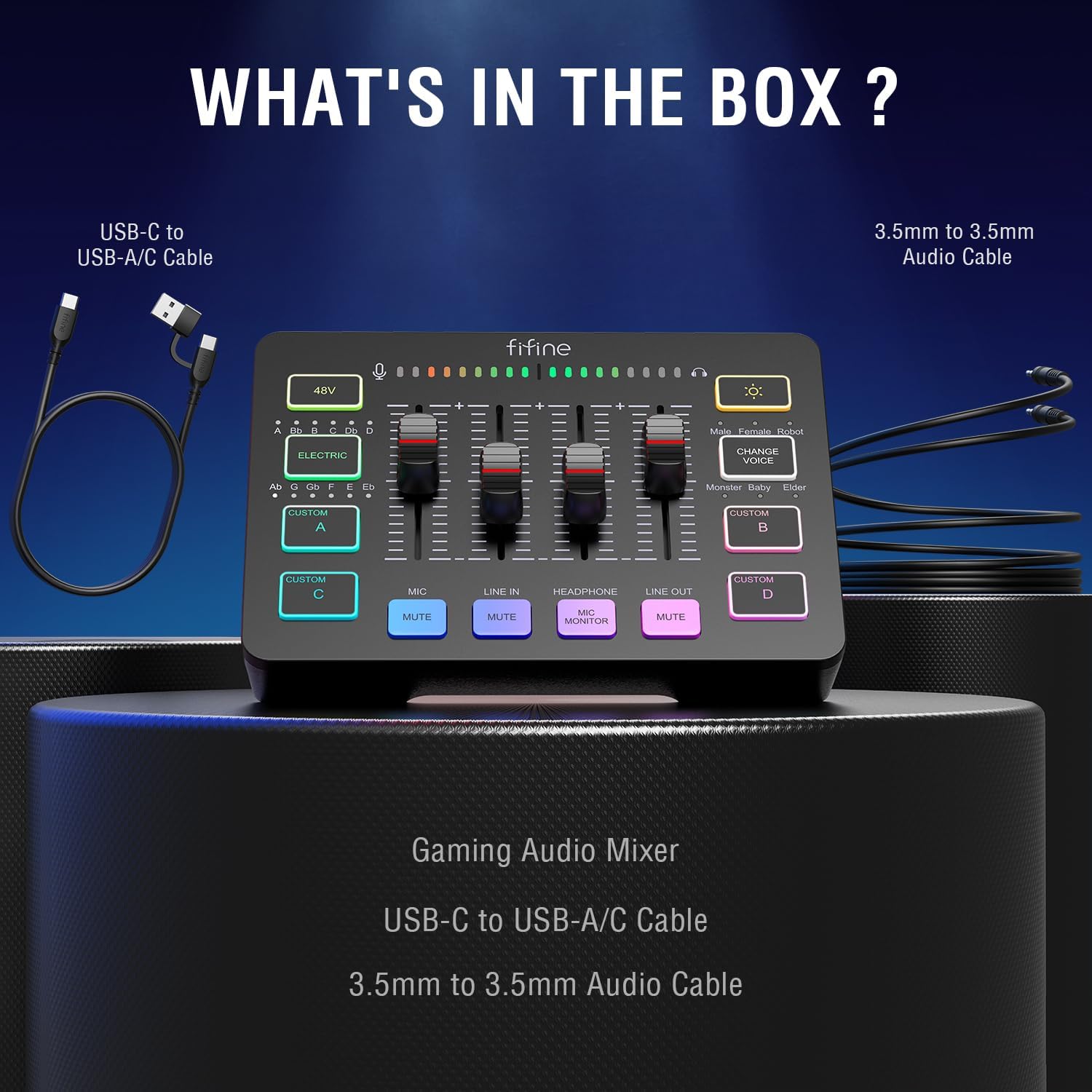 FIFINE AmpliGame SC3 Gaming USB Mixer with XLR/Headset Input, Monitoring, Line In/Out, Faders, Mute/Voice Effect/Sample