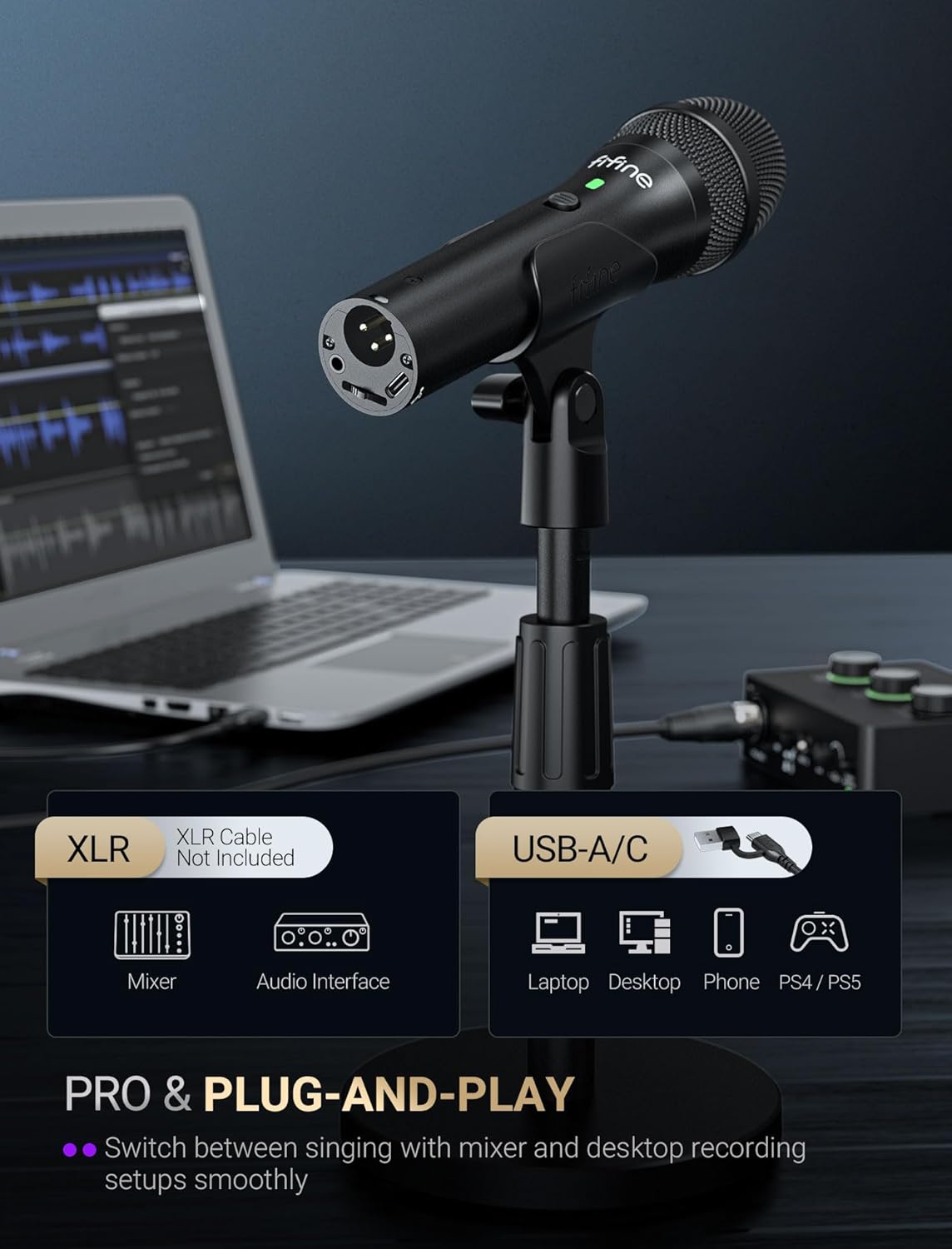 FIFINE Tank2 USB/XLR Handheld Dynamic Microphone with Height-adjustable Stand, On/Off Switch & Indicator