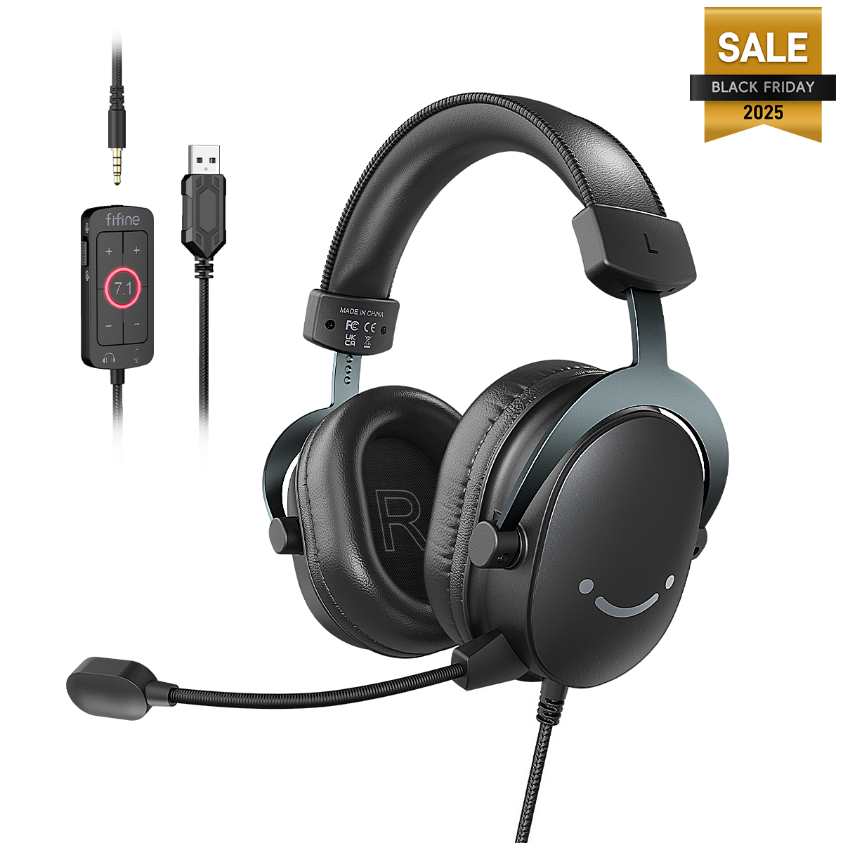 FIFINE AmpliGame H9 3.5mm Headset with USB Control Box for Mute, I/O Volume, 7.1 Surround Sound for Console/PC