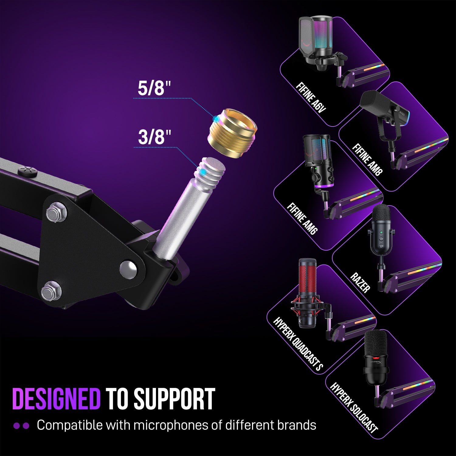 FIFINE Ampligame BM38 Professional RGB Metal Microphone Boom  Arm for Streaming & Gaming, Controllable RGB Modes, 3/8” to 5/8” Screw Adapter