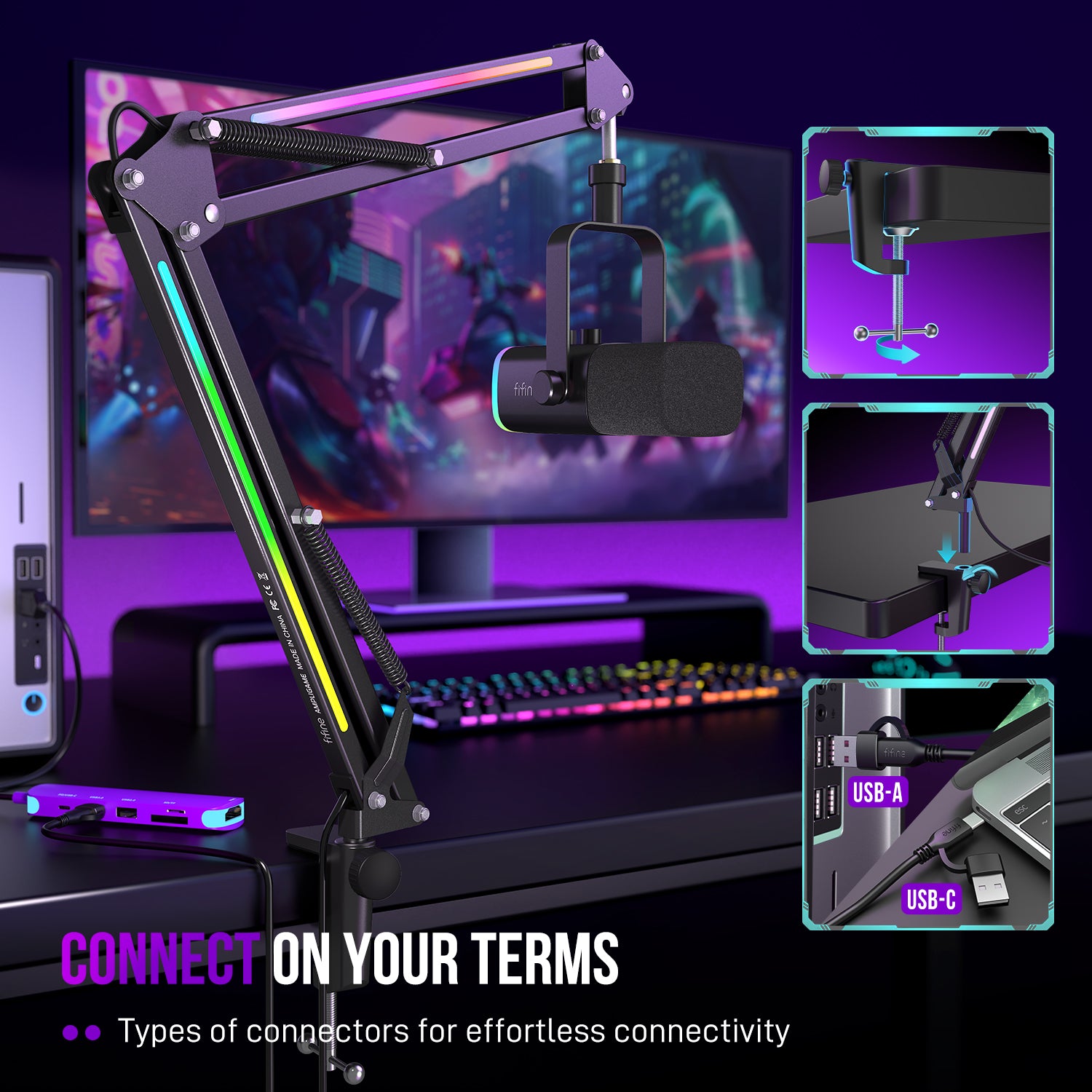 FIFINE Ampligame BM38 Professional RGB Metal Microphone Boom  Arm for Streaming & Gaming, Controllable RGB Modes, 3/8” to 5/8” Screw Adapter