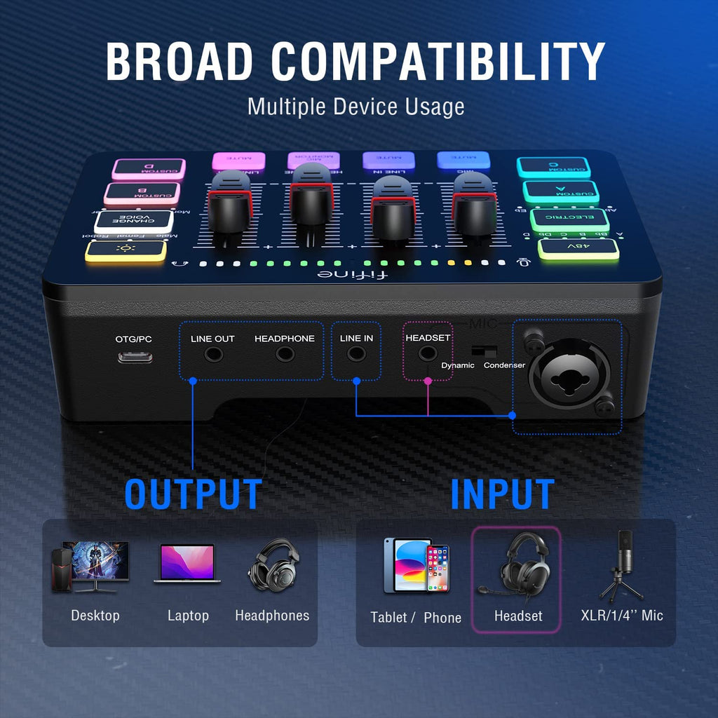 FIFINE AMPLIGAME SC3 Gaming USB Mixer with XLR/Headset  Input,Monitoring,Line In/Out,Faders,Mute/Voice Effect/Sample