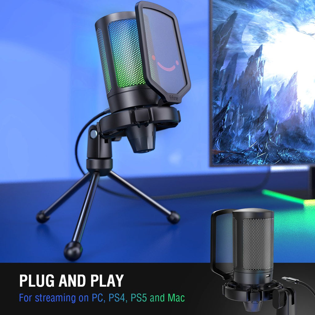 USB Gaming Microphone for PC, Computer Condenser Mic with Gain Knob, RGB  Light, Tripod Stand for Recording, Podcasting, Streaming, Compatible with  PS5 PS4 Mac Laptop Desktop