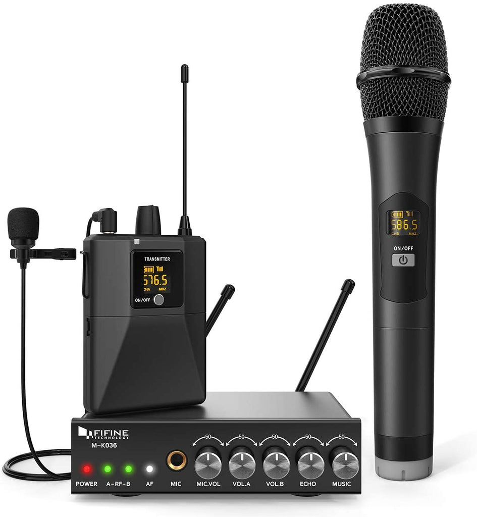FIFINE K036A Wireless Microphone System, Handheld and Lapel Microphones for Gig, Presentation