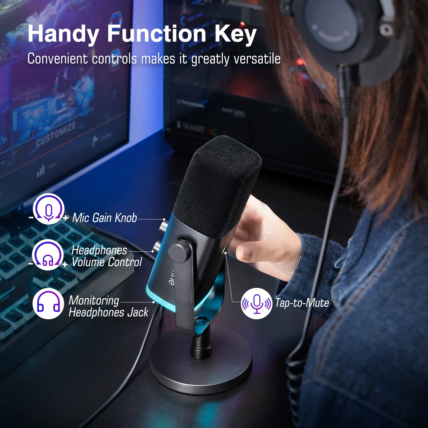 FIFINE AmpliGame AM8 USB/XLR Dynamic Microphone with RGB, Touch-mute, I/O Controls, Live Monitoring for Streaming