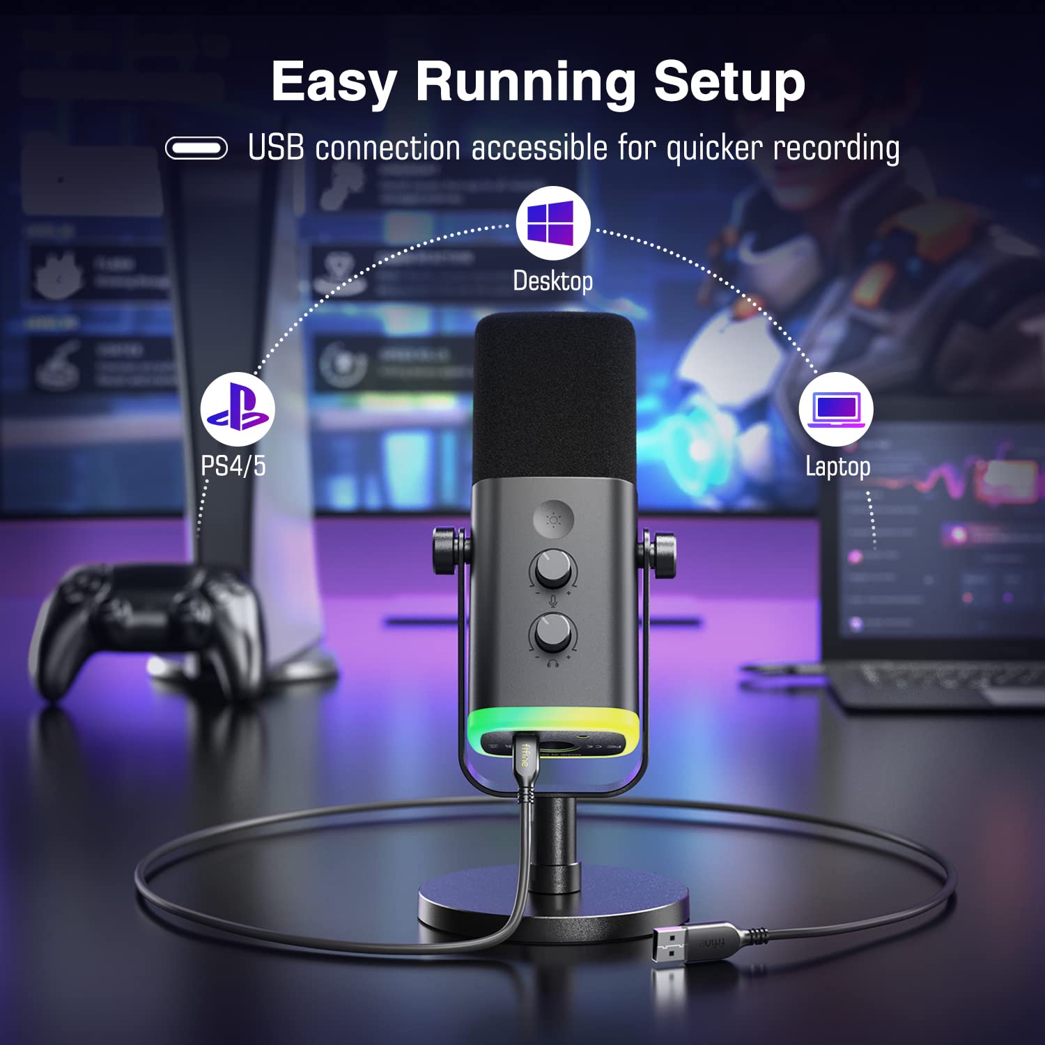 FIFINE AmpliGame AM8 RGB USB/XLR Dynamic Mic with Touch-mute, I/O Controls, Live Monitoring for Streaming