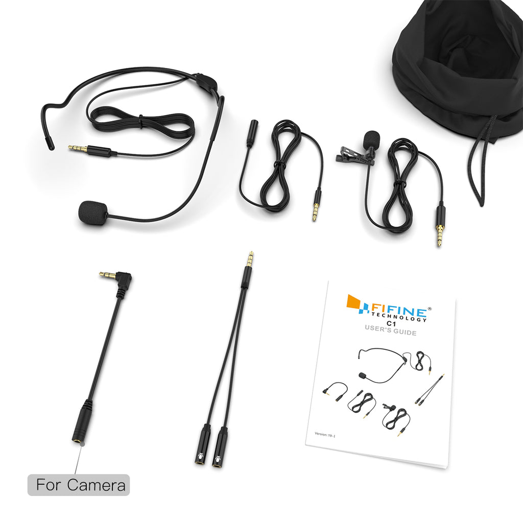 FIFINE C1 Lavalier Microphone with Extension Cable & Y-splitter for Smartphone, Camera and PC