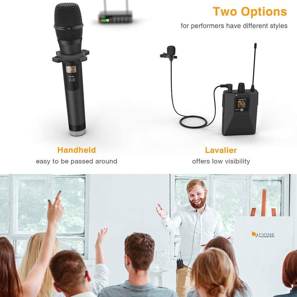 FIFINE Wireless Microphone System, Wireless Microphone set with Headset and  Lavalier Lapel Mics, Beltpack Transmitter and Receiver,Ideal for Teaching
